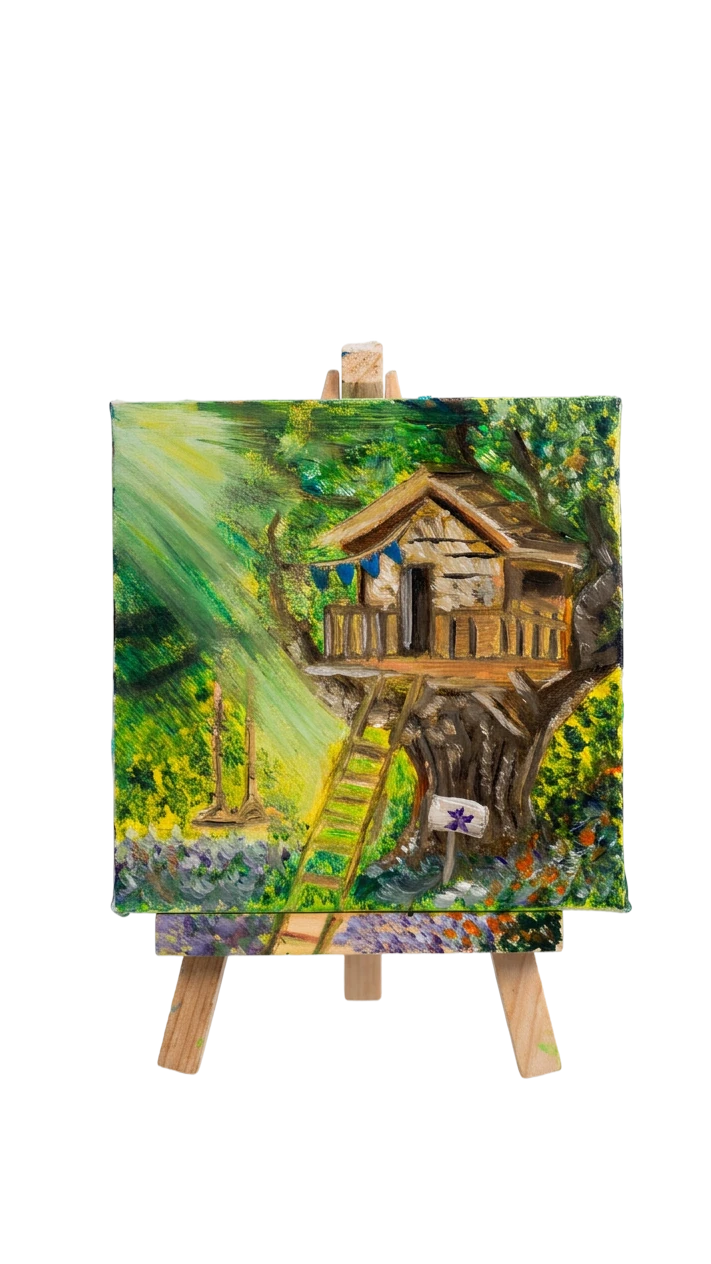 A mini canvas on a small wooden easel