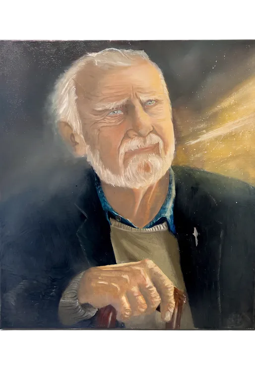 Oil portrait of an older man, shown at 50 by 70 centimetres