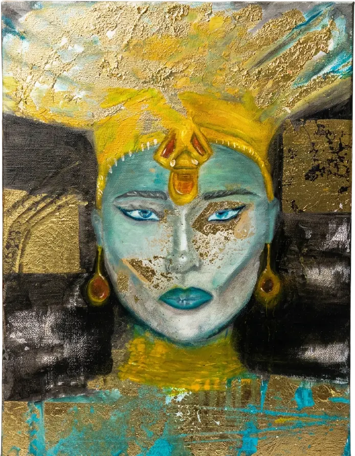 A turquoise face crowned in gold leaf against black