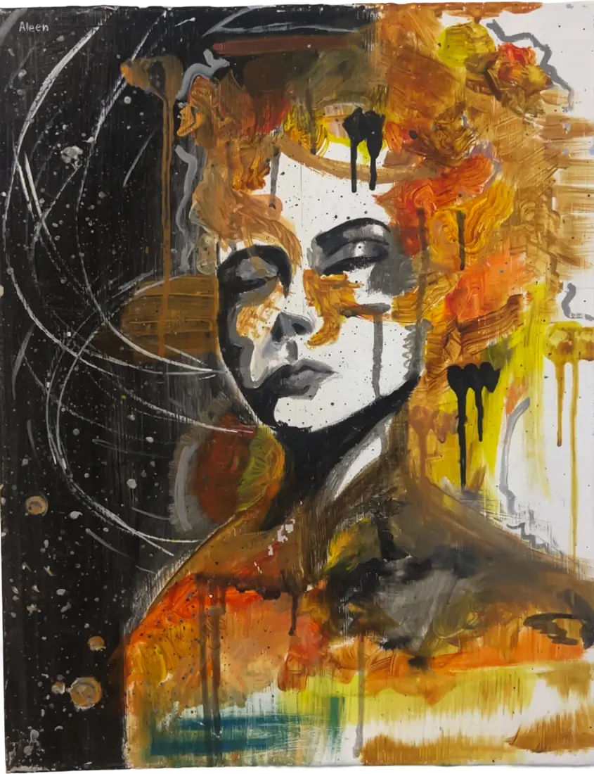An abstract portrait emerging from rust and black, ringed by white orbits