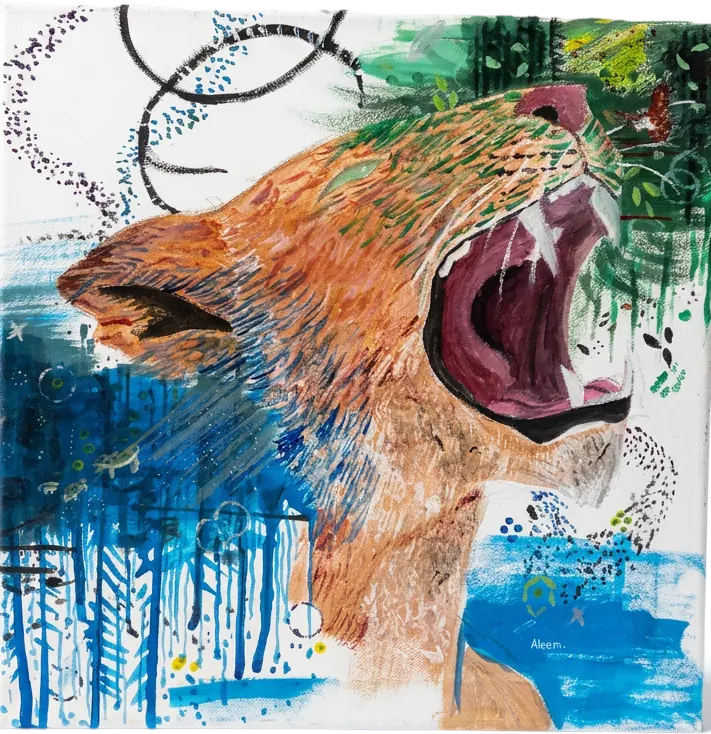 A lioness mid-roar over blue drips and open white canvas
