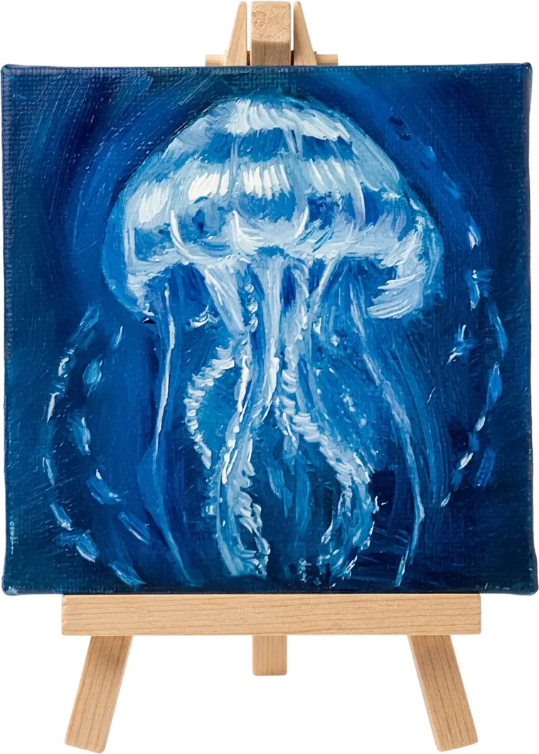 A mini canvas of a pale jellyfish in deep blue, on a wooden easel