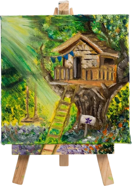 A mini canvas of a treehouse in dense green, on a wooden easel