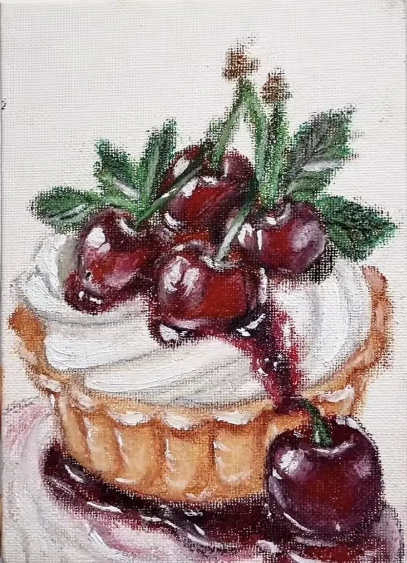 A cherry tart painted in thick paint on a bare panel