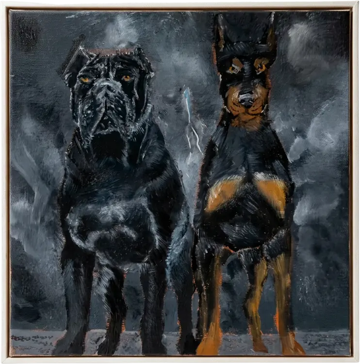 Two dogs standing in smoke, painted dark to light on panel