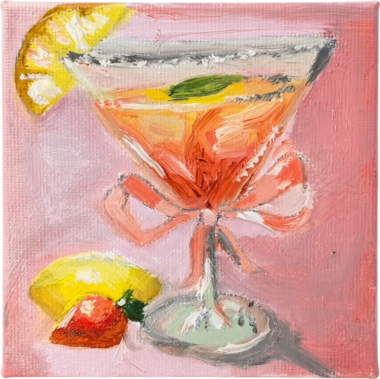 A cocktail glass with lemon on a pink ground, painted on panel